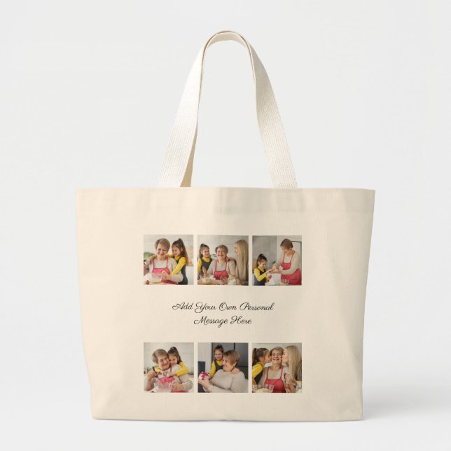 Create Your Own 6 Photo Collage Add Your Greeting Large Tote Bag (Front)