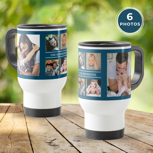 Create Your Own 6 Photo Collage Family Blue Travel Mug (Create Your Own 6 Photo Collage Family Blue Travel Mug)