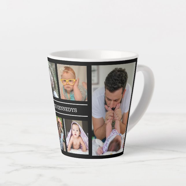 Create Your Own 6 Photo Collage Family Name Black Latte Mug (Right Angle)