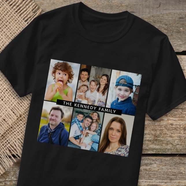 Create Your Own 6 Photo Collage Family Name  Black T-Shirt (Creator Uploaded)