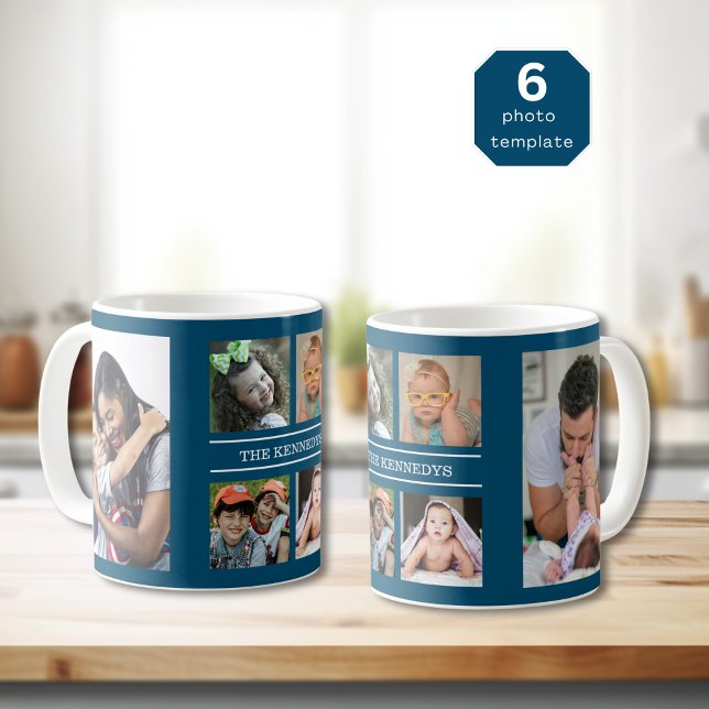 Create Your Own 6 Photo Collage Family Name Blue Coffee Mug (Creator Uploaded)