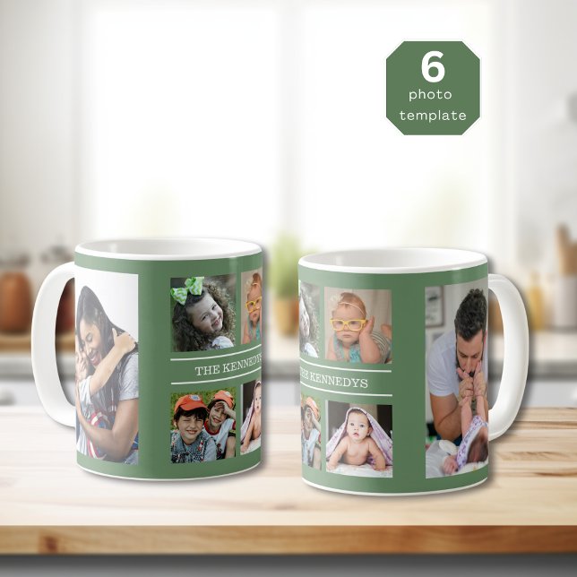 Create Your Own 6 Photo Collage Family Name Green Coffee Mug (Creator Uploaded)