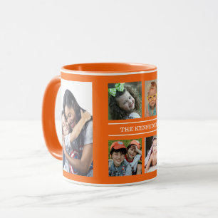 Create Your Own 6 Photo Collage Family Name Orange Mug