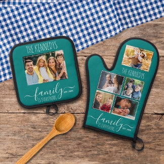Create Your Own 6 Photo Collage Family Name Teal Oven Mitt & Pot Holder Set