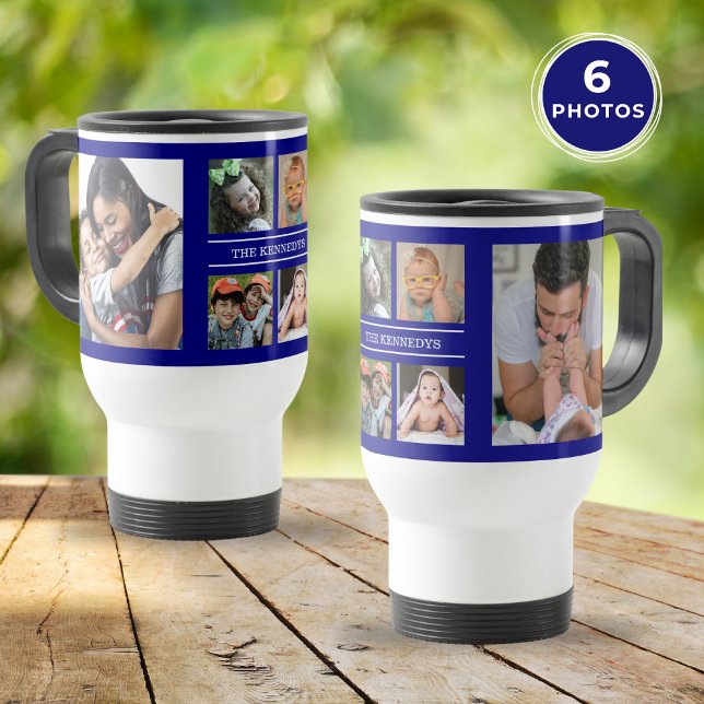 Create Your Own 6 Photo Collage Family Navy Blue Travel Mug (Create Your Own 6 Photo Collage Family Navy Blue Travel Mug)