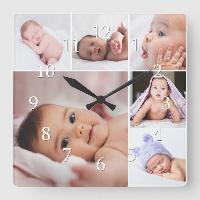Create Your Own 6 Photo Collage Frame Square Wall Clock (Front)