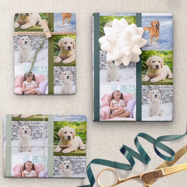 Create your Own 6 Photo Collage Green Set of 3 Wrapping Paper Sheet (Creator Uploaded)