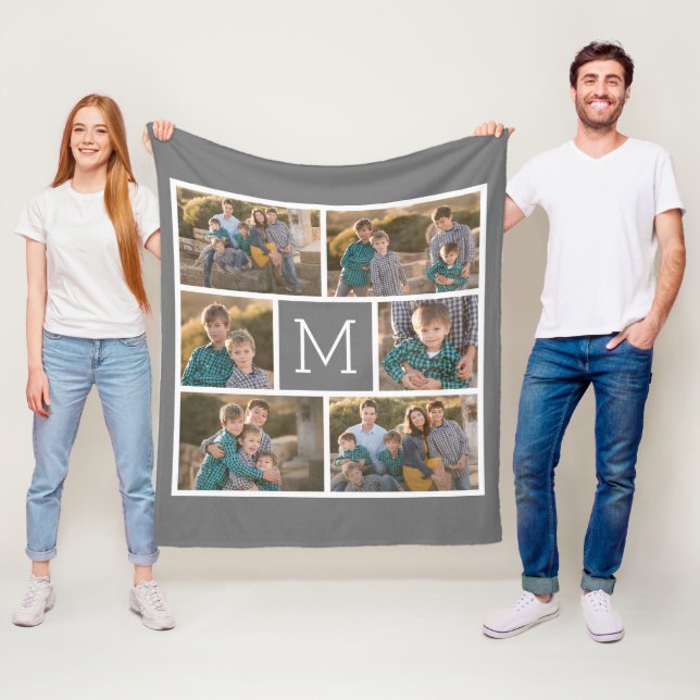 Create Your Own 6 Photo Collage - Monogram Grey Fleece Blanket (In Situ)