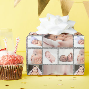 Create Your Own 6 Photo Collage Silver Glitter Wrapping Paper