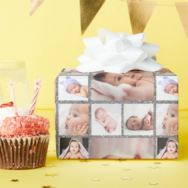 Create Your Own 6 Photo Collage Silver Glitter    Wrapping Paper (Birthday Party)