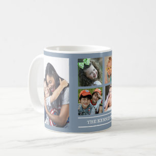 Create Your Own 6 Photo Family Name Dusty Blue Coffee Mug