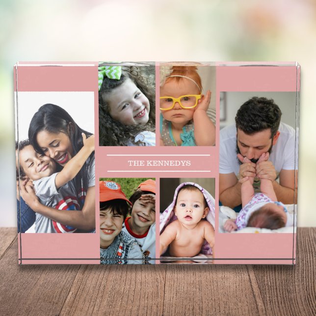 Create Your Own 6 Picture Collage Family Name Pink Photo Block (Creator Uploaded)