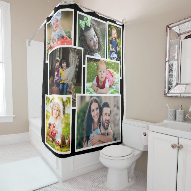 Create Your Own 7 Family Photo Collage Black Shower Curtain (In Situ)