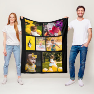 Create Your Own 7 Photo Collage Black  Fleece Blanket