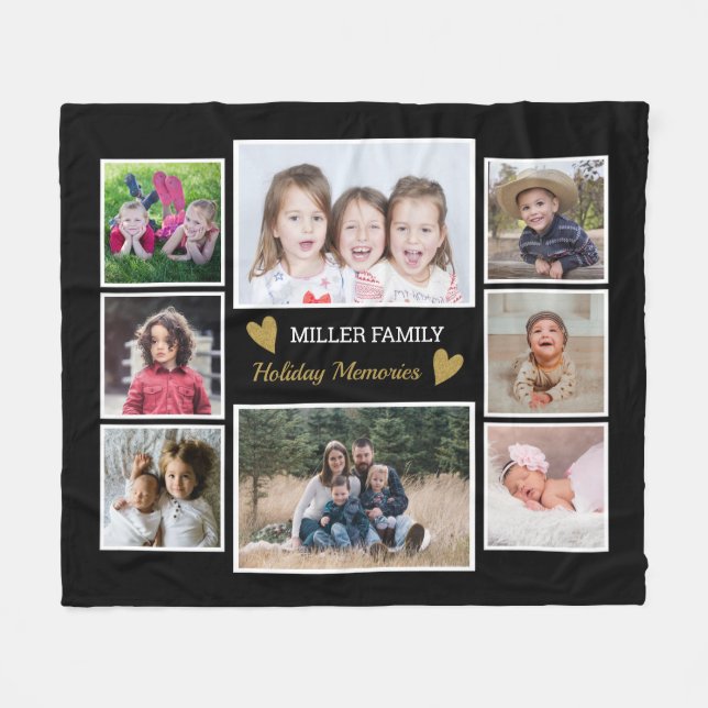 Create Your Own 8 Family Photo Collage Black Fleece Blanket (Front (Horizontal))