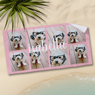 Create Your Own 8 Photo Collage Custom Name Pink Beach Towel