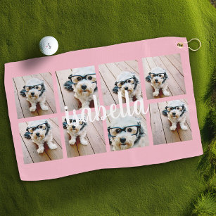 Create Your Own 8 Photo Collage Custom Name Pink Golf Towel