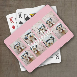 Create Your Own 8 Photo Collage Custom Name Pink Playing Cards