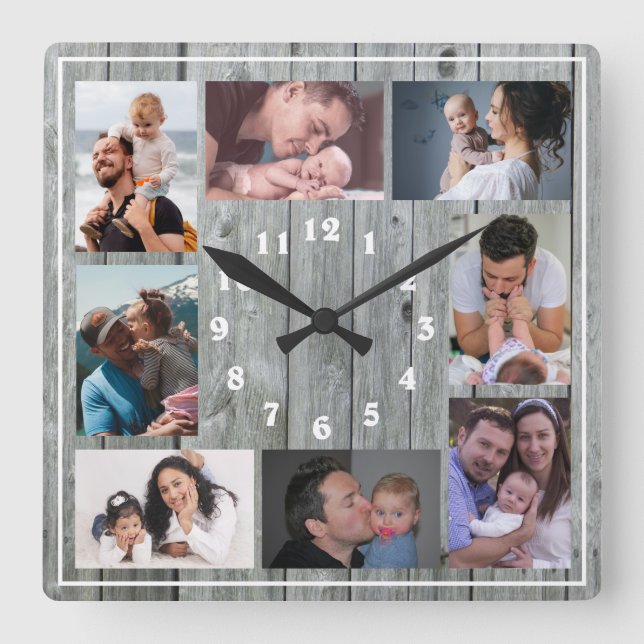 Create Your Own 8 Photo Collage Family Grey Wood   Square Wall Clock (Front)