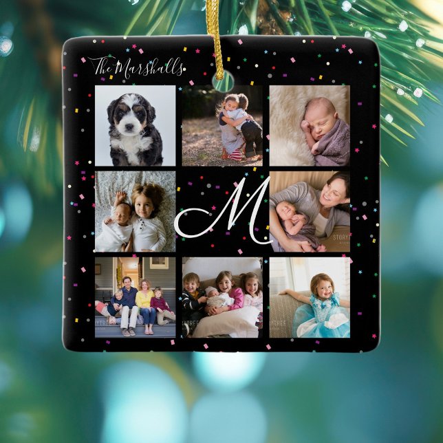 Create Your Own 8 Photo Collage Family Monogram Ceramic Ornament (Creator Uploaded)