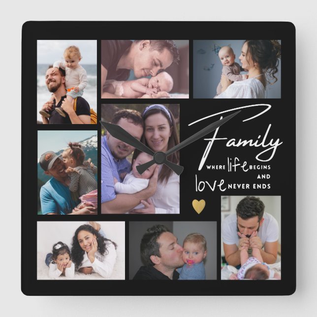 Create Your Own 8 Photo Collage Family Quote   Square Wall Clock (Front)