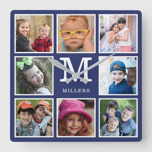 Create Your Own 8 Photo Collage Monogram Blue Square Wall Clock (Front)