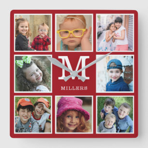 Create Your Own 8 Photo Collage Monogram Red Square Wall Clock