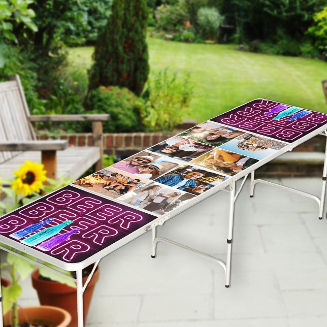 Create your Own 8 Photo Collage Pink Neon Sign Beer Pong Table