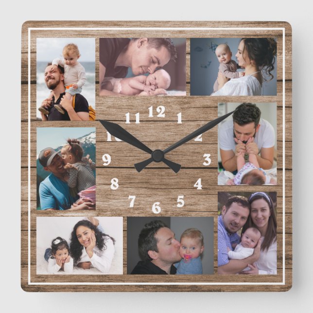 Create Your Own 8 Photo Collage Rustic Wood   Square Wall Clock (Front)