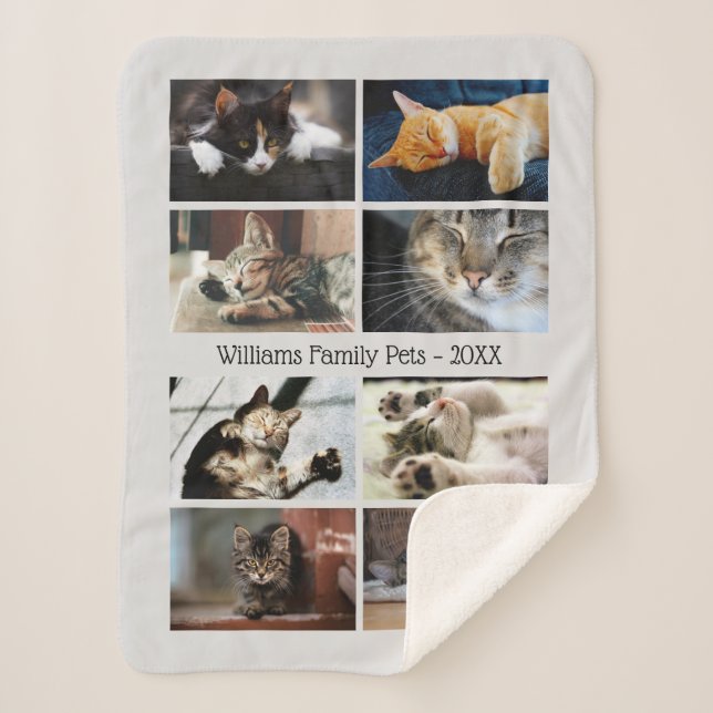 Create Your Own 8 Photo Collage with Name on Grey Sherpa Blanket (Front)
