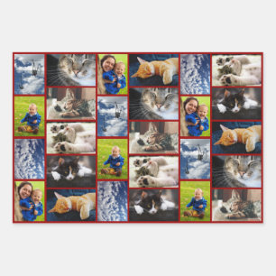 Create Your Own 9 Photo Collage Dark Red Border Wrapping Paper Sheet