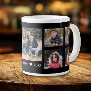 Create Your Own 9 Photo Collage Family Name Black Large Coffee Mug