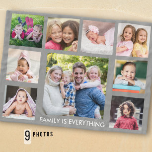 Create Your Own 9 Photo Collage Family Quote Gray Fleece Blanket