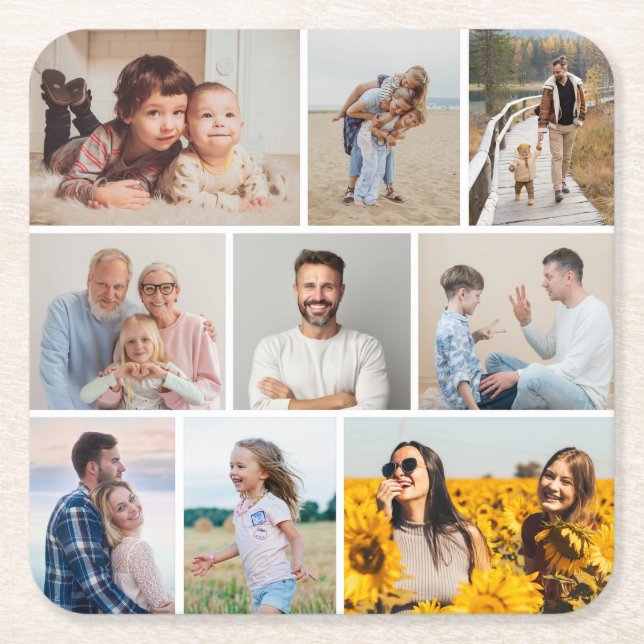Create Your Own 9 Photo Collage Square Paper Coaster (Front)