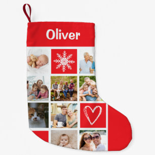 Create Your Own 9 Photo Name Red Snowflake Small Christmas Stocking