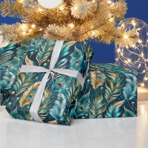 Create Your Own Abstract Peacock Feathers Blue Wrapping Paper