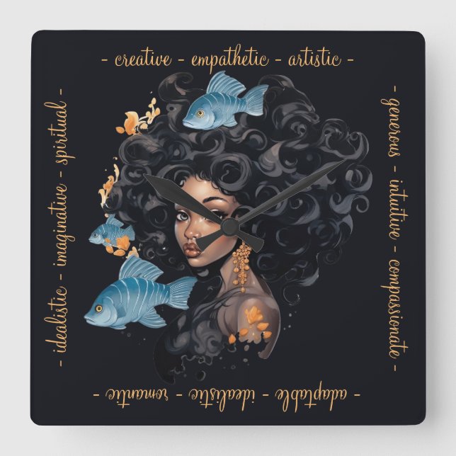 Create Your Own African American Queen Pisces Square Wall Clock (Front)