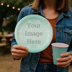 Create Your Own Aqua Blue Glitter Sparkle Metallic Paper Plate