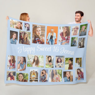 Create Your Own Baby Blue 25 Photo Happy Sweet 16  Fleece Blanket