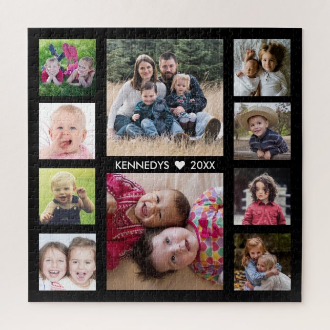 Create Your Own Black 10 Photo Collage Family Name Jigsaw Puzzle (Vertical)