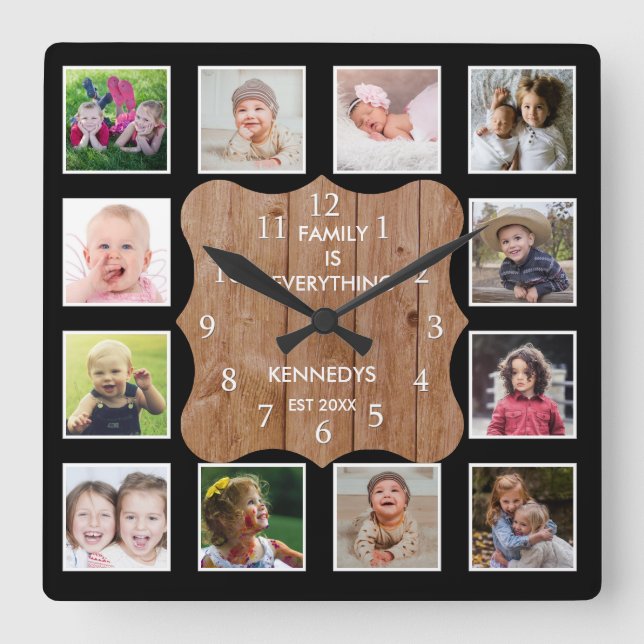 Create Your Own Black 12 Photo Collage Wood Square Wall Clock (Front)