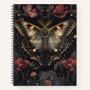 Create Your Own Black Gold Moth Ruby Red Floral Notebook