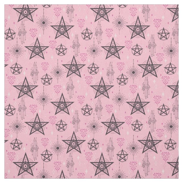 Create Your Own Black Pentagrams Pink Crystals Fabric (Swatch)