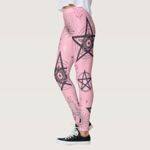 Create Your Own Black Pentagrams Pink Crystals Leggings