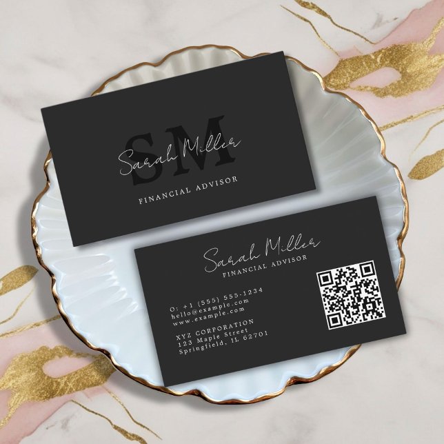 Create Your Own Black QR Code Business Card (create your own monogram initials professional qr code business card)