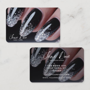 Create Your Own Black Silver Glitter Nails Business Card