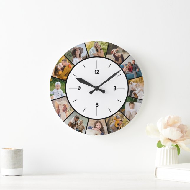 Create Your Own Black & White 12 Photo Collage  Large Clock (Home)