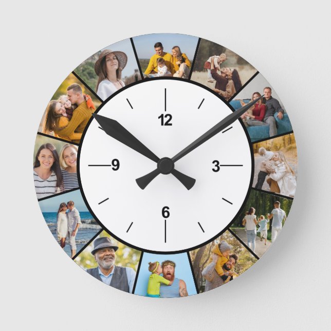 Create Your Own Black & White 12 Photo Collage  Round Clock (Front)