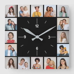Create Your Own Black & White 16 Photo Collage Square Wall Clock