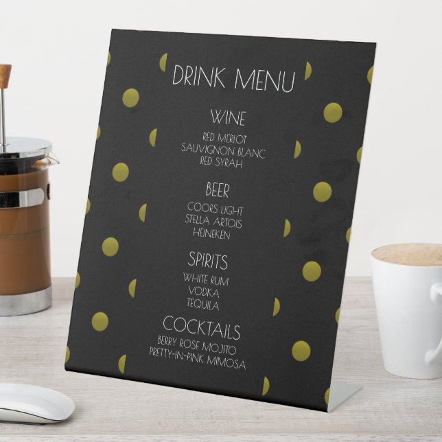 Create Your Own Black Yellow Polkadots Drink Menu Pedestal Sign (In SItu)